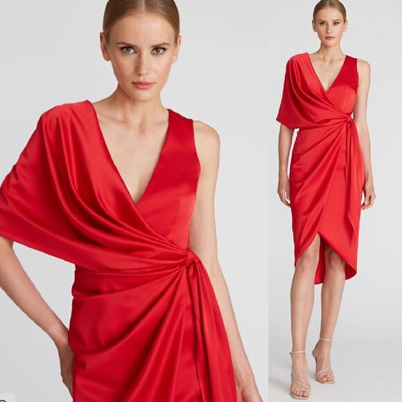 NEW THEIA Candace Wrap Cocktail Dress Size 14 Poppy Red Satin V-neckAsymmetric